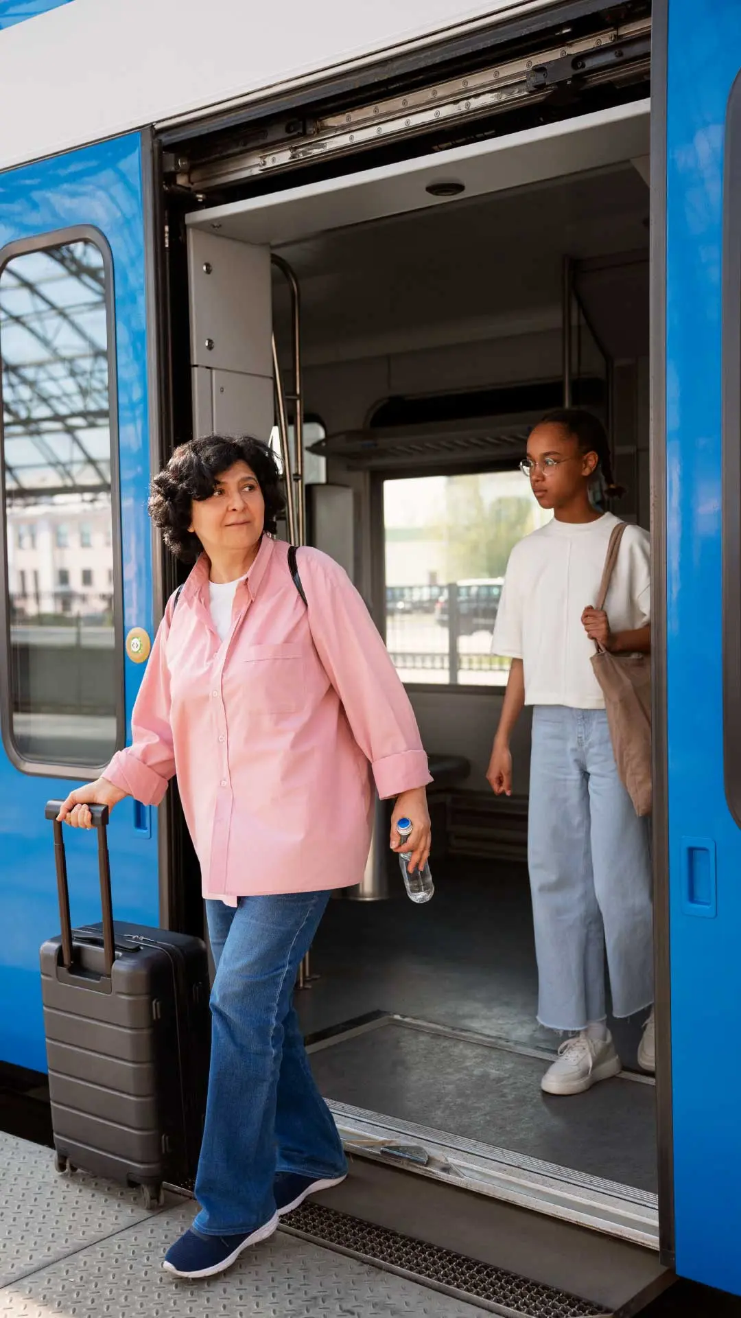 Woman and child travelling